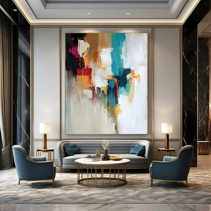Contemporary hand-painted abstract art with soft colors and thick brushstrokes featuring beige, white, teal, green, orange, and brown tones. DLZ1055