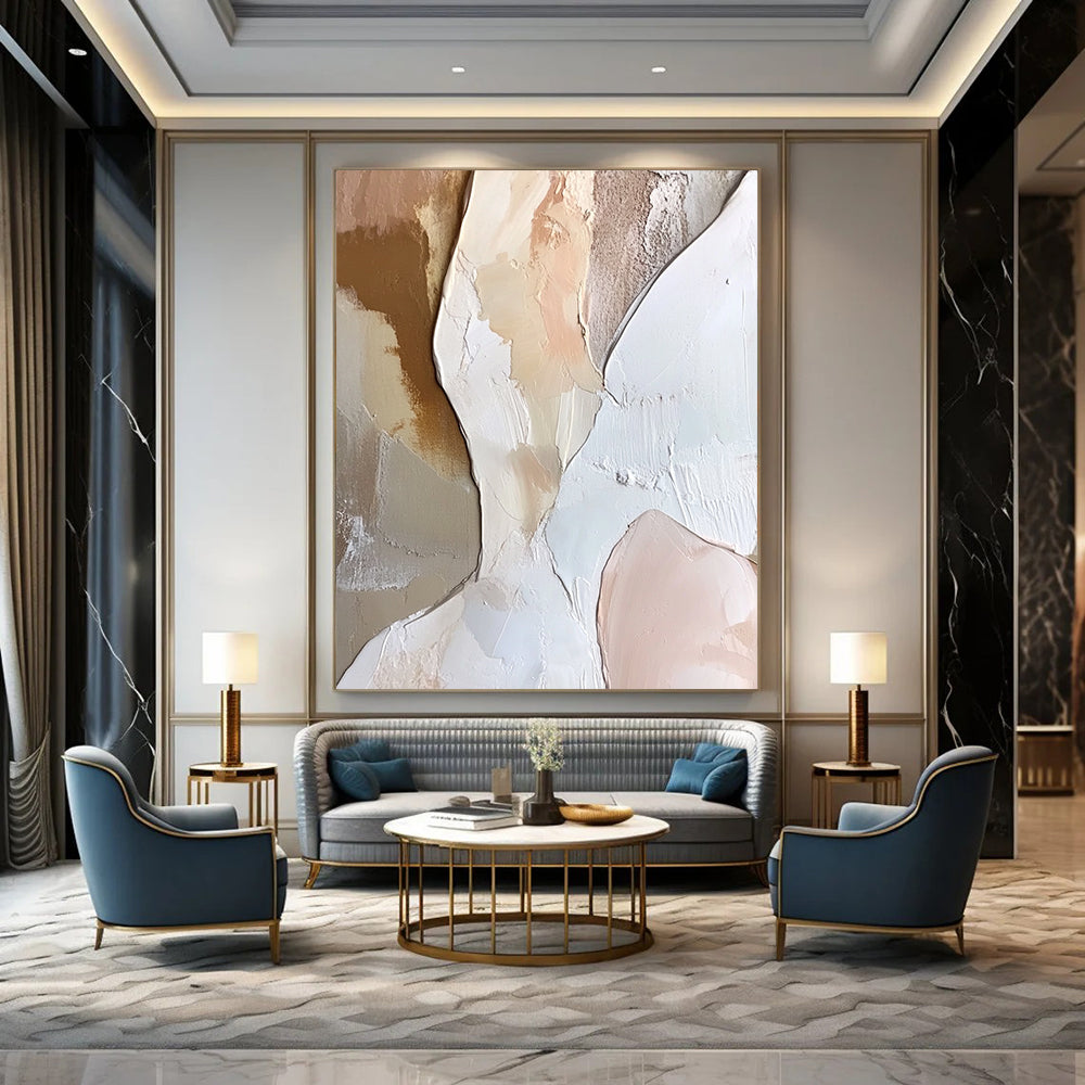 Contemporary abstract painting featuring a textured angelic figure in layered white and soft pink hues with neutral tones. Perfect for modern decor. DLZ1056