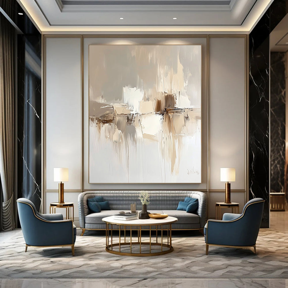 Contemporary hand-painted abstract artwork in soft neutral tones featuring a beige background and elegant fluid shapes that enhance modern interiors. DLZ0287