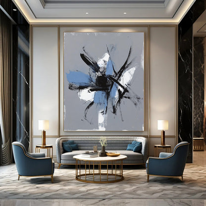 Contemporary hand-painted abstract art featuring expressive brush strokes and chaotic figures on a gray background with light blue accents. DLZ0305