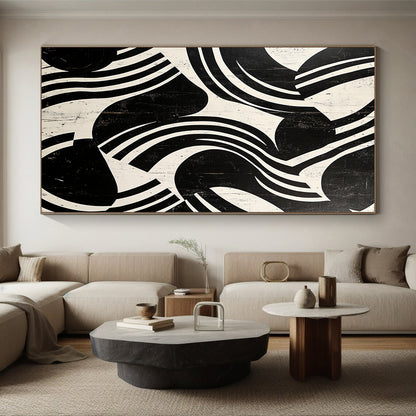 Black and White Curved Stripes "Dynamic Rhythm" Painting On Canvas HB271