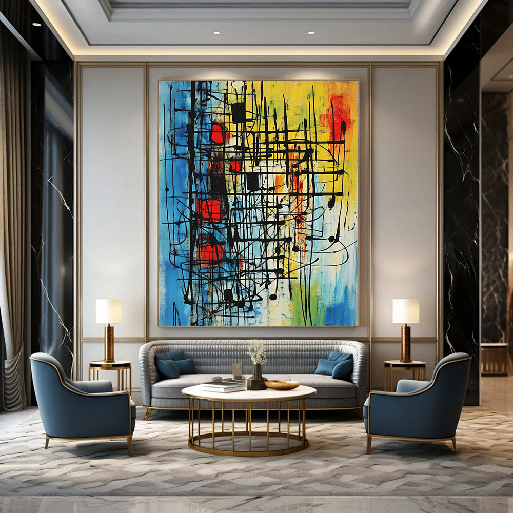 Contemporary abstract painting with vibrant colors and intricate patterns evokes movement and energy through bold lines and geometric shapes. DLZ1028