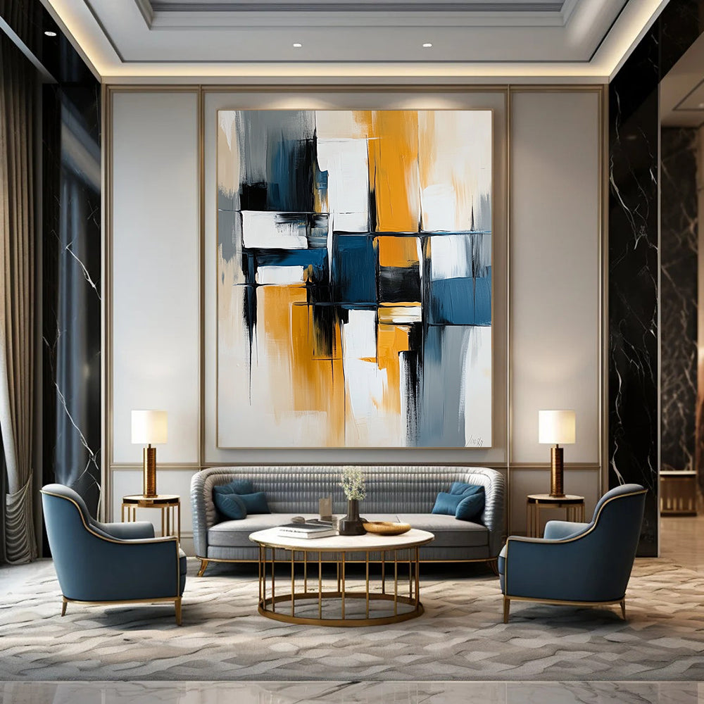 Contemporary hand-painted abstract artwork with bold lines and vibrant blocks of blue, white, gray, and yellow on canvas. DLZ0753