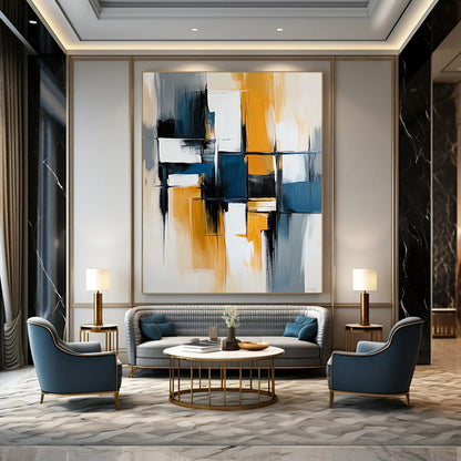 Contemporary hand-painted abstract artwork with bold lines and vibrant blocks of blue, white, gray, and yellow on canvas. DLZ0753