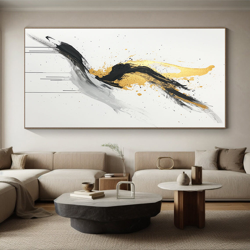 Black, White, Gold, Gray, Dynamic Swirls "Gilded Motion" Abstract Expressionist Painting On Canvas HB095