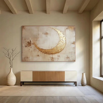 “Gilded Crescent Moonlit” - Gold, Beige, Brown, Textured Celestial Symbol Scenes Painting On Canvas HB1024