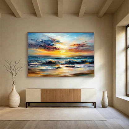 “Fiery Sky Beach” - Reds, Oranges, Blues, Dramatic Beach Sunset - Impasto Oil Painting HB1601