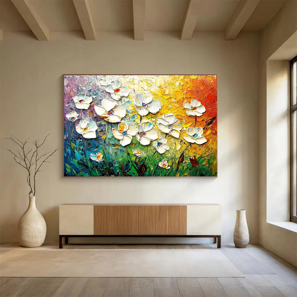 “Vibrant 3D Floral Burst” - White, Colorful, Textured Flowers Painting On Canvas HB0727