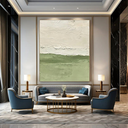 Contemporary abstract painting with vibrant green water soft brushstrokes and minimalist design highlighting fluidity and tranquility on a large canvas. DLZ1416