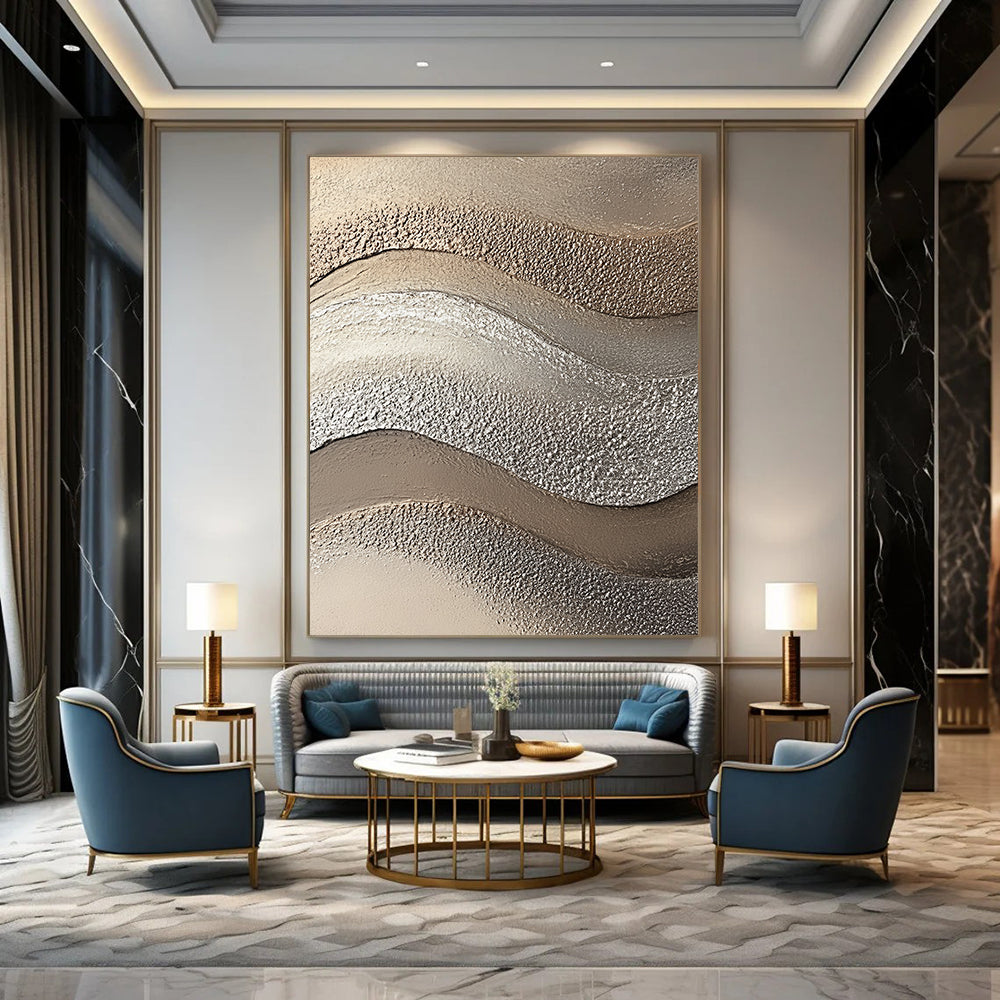 Contemporary abstract artwork showcasing textured sandstone in wave-like patterns with beige and silver tones, enhancing visual depth and captivating beach aesthetics. DLZ1205