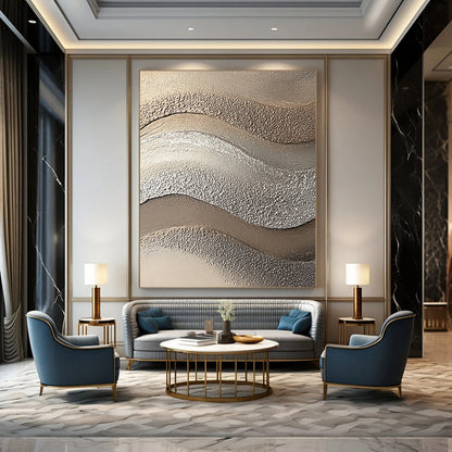 Contemporary abstract artwork showcasing textured sandstone in wave-like patterns with beige and silver tones, enhancing visual depth and captivating beach aesthetics. DLZ1205
