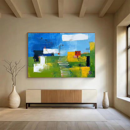“Colorful Landscape Abstract” - Blue, Green, Yellow, White, Abstract Landscape - Painting On Canvas HB1415
