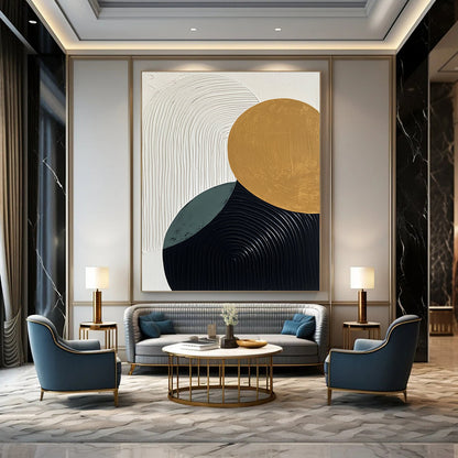 Contemporary hand-painted abstract art featuring minimalist black white and gold elements with textured ovals and curves in soothing beige and green tones. DLZ1353