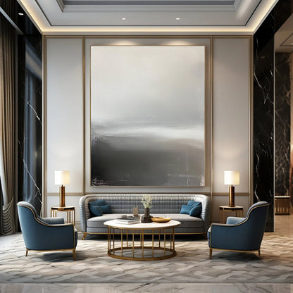 Contemporary hand-painted abstract art featuring a grey sky, foggy horizon, and a subtle grey and white palette that evokes tranquility and calmness. DLZ1347