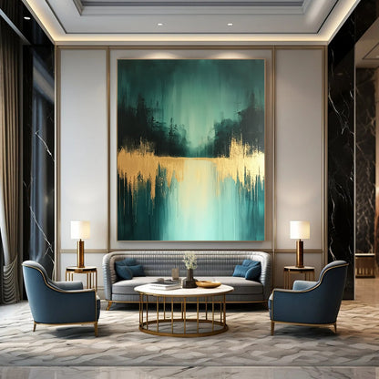 Contemporary abstract art features teal and gold shades with distant trees and a wet-on-water effect creating a serene low-contrast atmosphere. DLZ0771