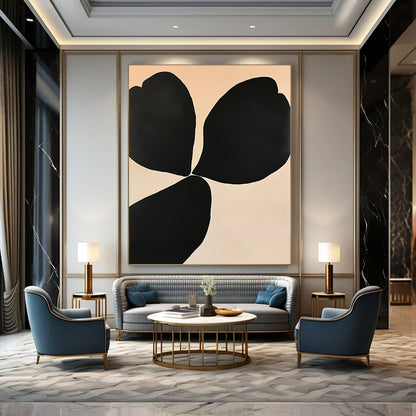 Large contemporary abstract painting featuring elegant floral shapes in black and white on an off-white background with subtle color gradients for depth. DLZ1339