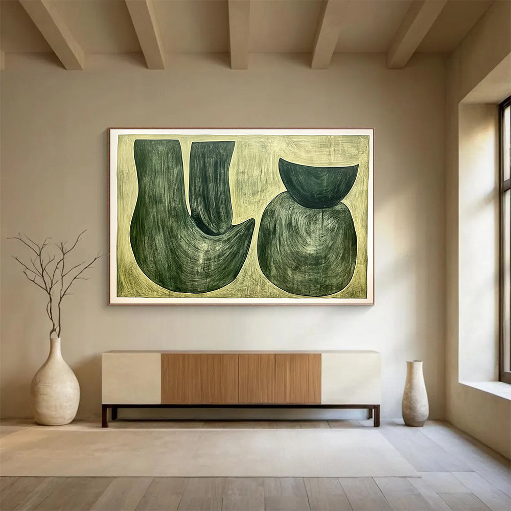 “Green Shapes on Beige” - Greens, Beiges, Abstract Organic Shapes - Acrylic Painting HB1762