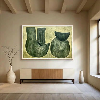 “Green Shapes on Beige” - Greens, Beiges, Abstract Organic Shapes - Acrylic Painting HB1762
