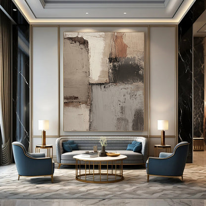 Contemporary hand-painted abstract art featuring soft neutral tones with textured strokes and a moody atmosphere perfect for modern interiors. DLZ1163