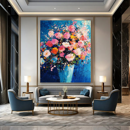 Abstract expressionism captures vibrant pink and blue hues with thick brush strokes and texture, creating a dynamic floral arrangement against an indigo background. DLZ1277