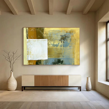 “Textured Gold - Blue Square” - Layered gold and blue with a raw - edged white square, Mixed - Media Abstract Painting On Canvas HB0541