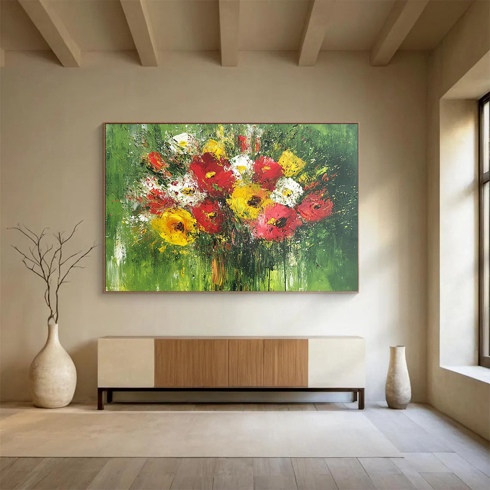 Impasto Flower Bouquet on Green - Vibrant Still - Life Oil Painting On Canvas HB0476