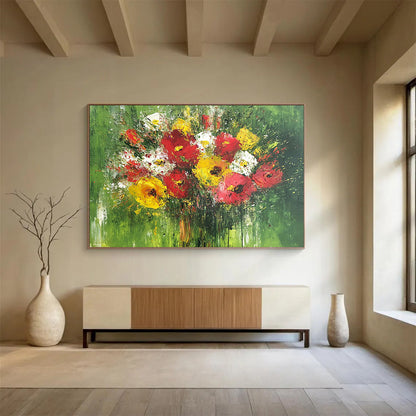 Impasto Flower Bouquet on Green - Vibrant Still - Life Oil Painting On Canvas HB0476