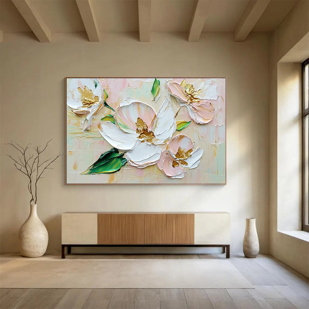 “Textured White - Pink Flowers with Gold Centers” - Impasto Floral Painting On Canvas HB0506