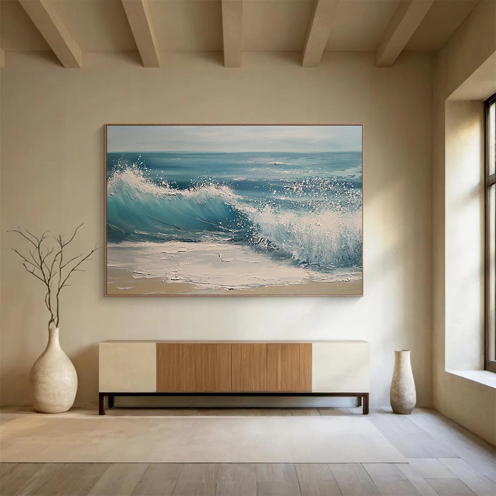 Blue, White and Beige Crashing Wave "Splash of Serenity" Painting On Canvas HB0670