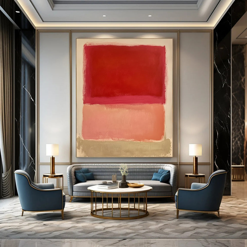 Large contemporary hand-painted abstract art featuring a red square pink rectangle and peach shape on a white background. Soft edges and flat appearance. DLZ1387