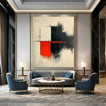 Contemporary hand-painted abstract art features thick dark gray brushstrokes with red accents on a white background showcasing elegant shapes and lines. DLZ1638