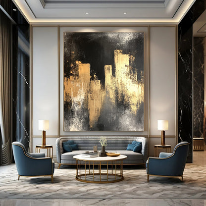 Contemporary hand-painted abstract art featuring a black silhouette of city lights with gold and silver hues on a distressed dark grey background. DLZ0901