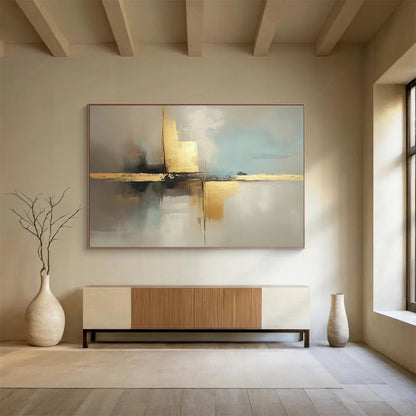 “Neutral Tones with Gold Cross” - Beige, light blue, gray, gold; Abstract cross with gold in neutral tones; Acrylic Painting On Canvas HB1248