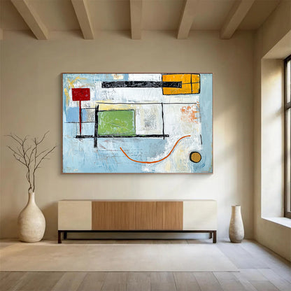“Geometric Calm” - Blue, green, yellow, red, black; Clean geometric shapes on soft blue; Minimalist Abstract Oil Painting On Canvas HB1169