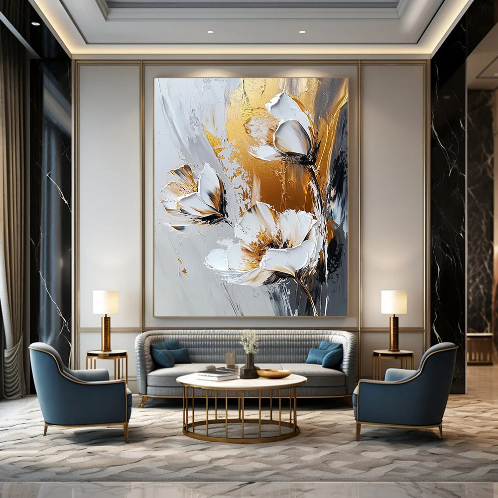 Contemporary abstract artwork featuring gold and white flowers on a grey background with expressive white brush strokes, emphasizing a textured palette knife technique. DLZ0386