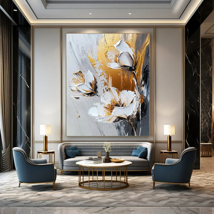 Contemporary abstract artwork featuring gold and white flowers on a grey background with expressive white brush strokes, emphasizing a textured palette knife technique. DLZ0386
