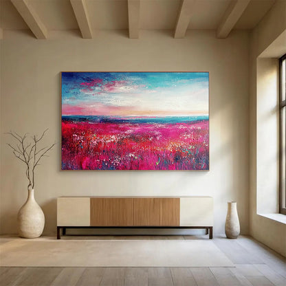“Pink Meadow Sunset” - Pink, Blue, White, Lush Meadow and Colorful Sky Painting On Canvas HB0943