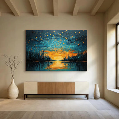 “Starry River Sunset” - Orange, Blue, River & Starry Sky Oil Painting On Canvas HB0719