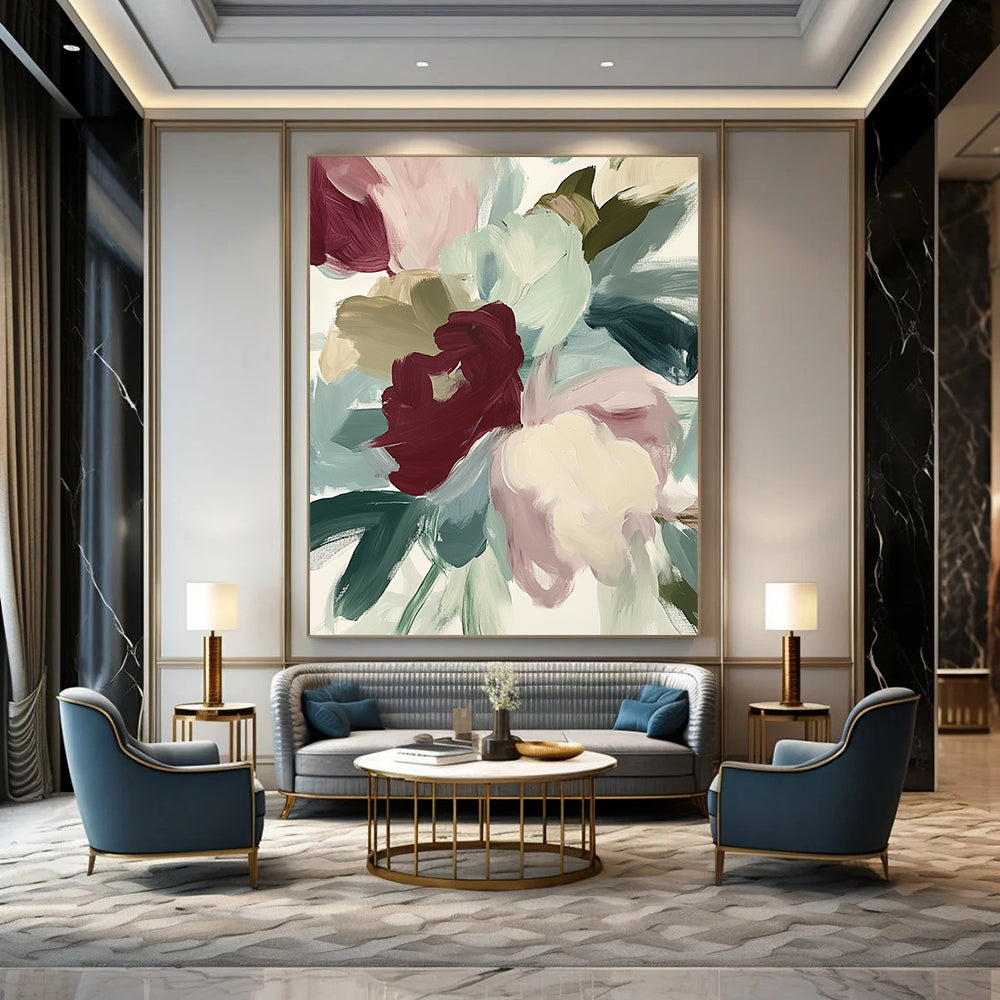 Contemporary abstract painting featuring loose brush strokes and muted colors depicting close-up flowers in reds and greens on a white background. DLZ0382