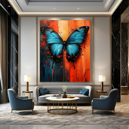Contemporary abstract art features a blue butterfly on a vibrant red and orange textured background, capturing urban energy through dynamic oil paint strokes. DLZ1155