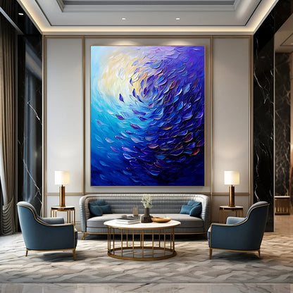 Contemporary abstract painting showcases swirling ocean colors with vibrant purple and blue fish, creating dynamic movement and deep atmospheric perspective. DLZ1096