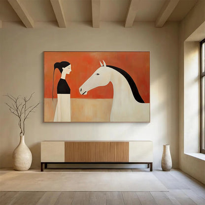 “Stylized Woman & Horse Encounter” - Black, White, Orange, Figurative Painting On Canvas HB0771