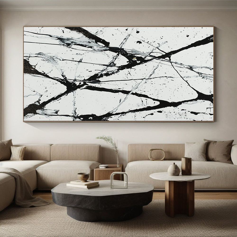 Black, White, Gray, Web - like Lines "Chaotic Web" Abstract Expressionist Painting On Canvas HB046