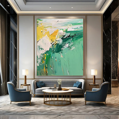 Contemporary abstract artwork featuring a vibrant green and white landscape with textured seafoam created using thick oil and acrylic paint techniques. DLZ0598