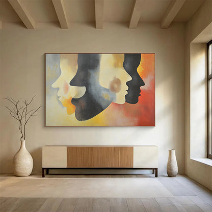 “Colorful Layered Faces” - Gray, Yellow, Red, Abstract Profiles - Surrealist Acrylic Painting HB1490