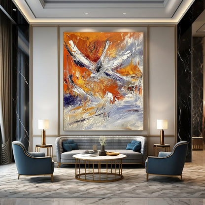 Contemporary abstract painting showcases vibrant orange and white hues with expressive brushstrokes and heavy impasto texture, evoking a captivating flight to space. DLZ0864