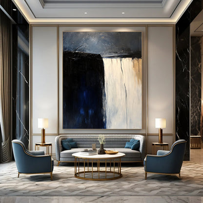 Large contemporary hand-painted abstract artwork featuring a white waterfall against a dark blue sky in a minimalist beige and black palette. DLZ0610