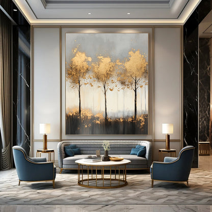 Contemporary abstract painting features misty landscape with light gray and gold tones, delicate tree shapes, and shimmering golden foil accents for a serene ambiance. DLZ1352
