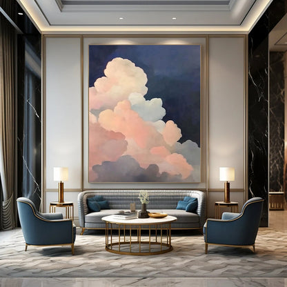 Contemporary hand-painted abstract artwork featuring soft pink and dark blue clouds with atmospheric lighting inspired by Michael Pitcher's style. DLZ1412
