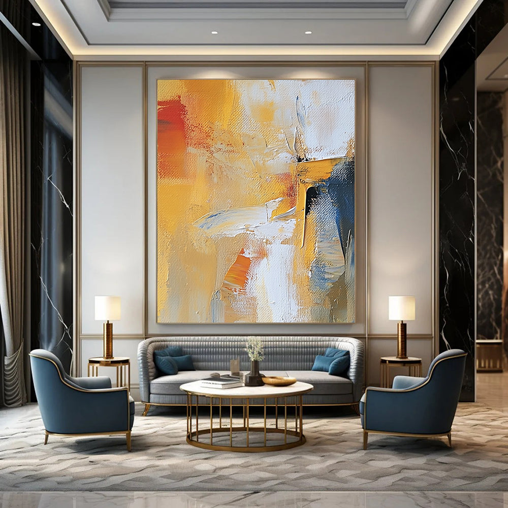 Contemporary abstract artwork featuring warm colors expressive brushstrokes and dynamic textures created with palette knife techniques. DLZ0899